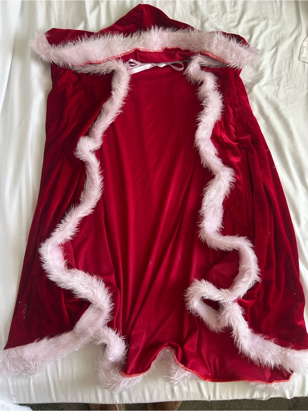 Red Velvet Hooded Robe with Pink Faux-Fur Trim